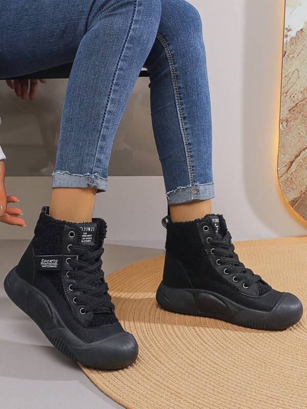 Women's Thermal Lined Warm Boots, Black Thick Sole Versatile Faux Thermal Lined High-Top Lace-Up Ankle Boots, Suitable For Winter