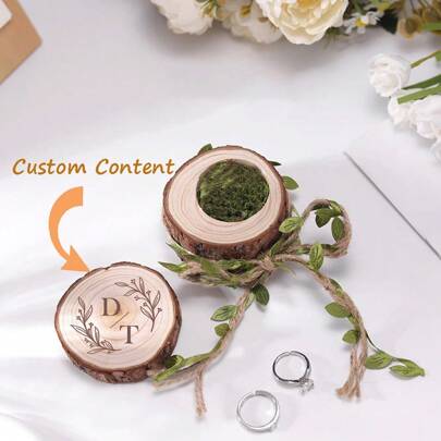 1pc Customized Wedding Ring Box, Rustic Wooden Round Ring Holder With Engraved Name And Date