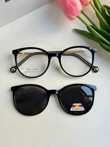 Clip-On 2-In-1 Women's Round Small Size Fashion Glasses Frame 6575 - 黑色 - 查看 2