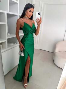 Long Party Dress Events Day Satin Bridesmaid Graduation Guests With Rhinestone Strap Serenity Mint Emerald Pink Fuchsia Green Or Black - Màu xanh lá cây đậm - Xem 1