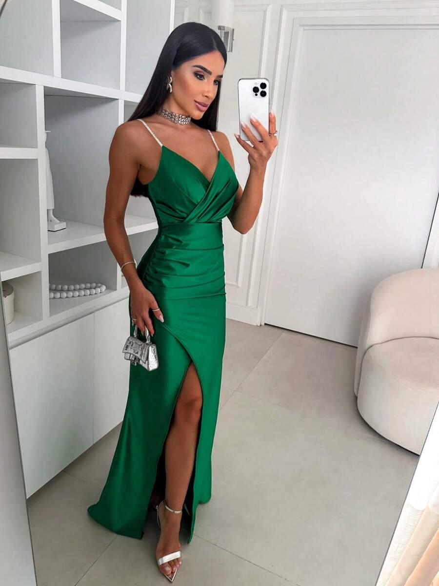 Long Party Dress Events Day Satin Bridesmaid Graduation Guests With Rhinestone Strap Serenity Mint Emerald Pink Fuchsia Green Or Black - Màu xanh lá cây đậm - Xem 1
