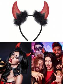 Diadema con cuernos de demonio con brillo, diadema con cuernos de demonio negra para disfraz de demonio para mujeres y hombres, diadema de cosplay para disfraz de Halloween (rojo), disfraz de Halloween, diablillo, diadema con cuernos de demonio para Halloween, diadema con animal para fiesta festiva, diadema con cuernos rojos, lentejuelas y plumas - Multicolor - Ver 1