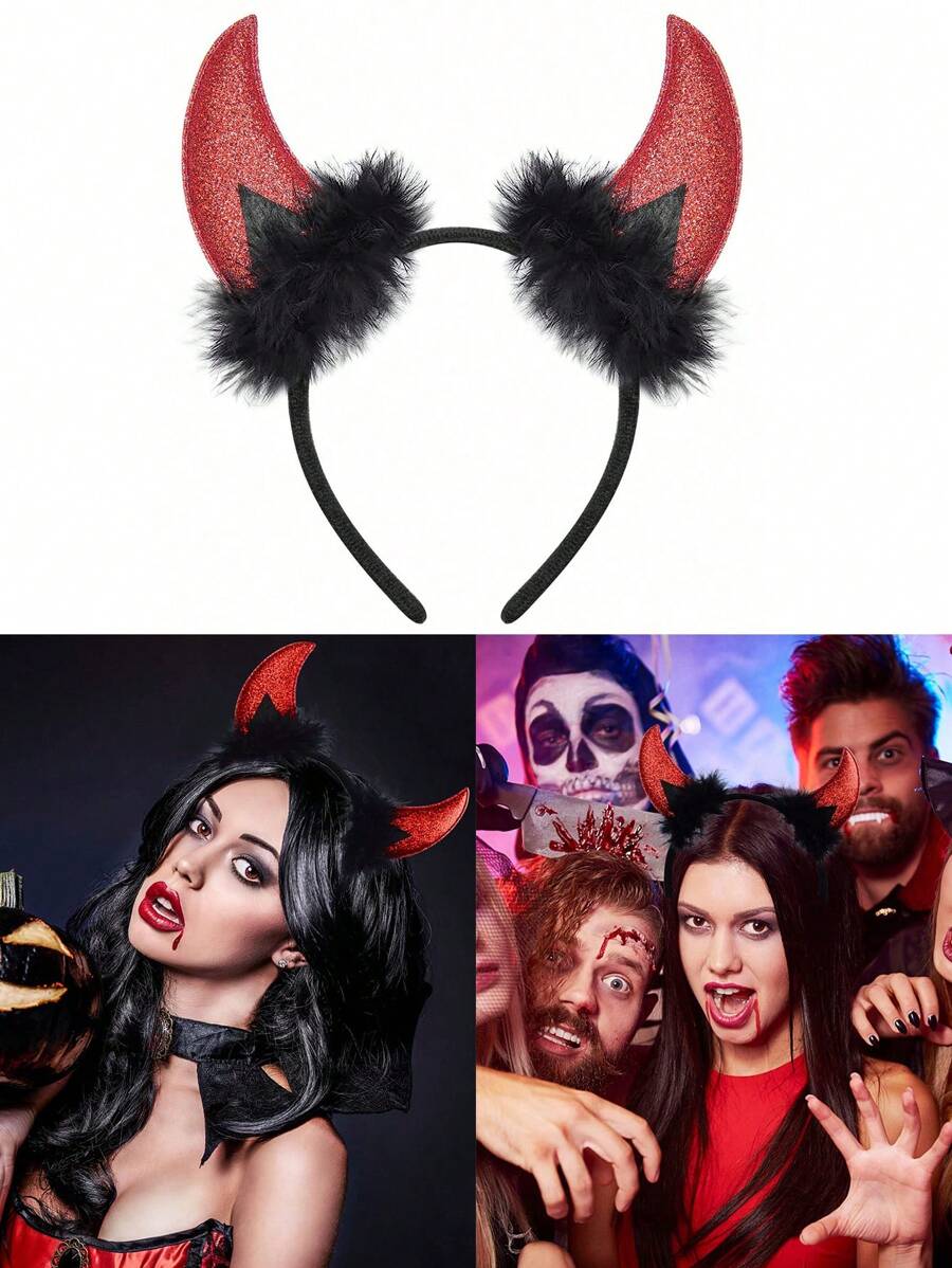 Diadema con cuernos de demonio con brillo, diadema con cuernos de demonio negra para disfraz de demonio para mujeres y hombres, diadema de cosplay para disfraz de Halloween (rojo), disfraz de Halloween, diablillo, diadema con cuernos de demonio para Halloween, diadema con animal para fiesta festiva, diadema con cuernos rojos, lentejuelas y plumas - Multicolor - Ver 1