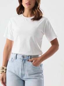 Basic Cotton T-Shirt Round Neck Cropped T-Shirt Plain Combed Knit - 白色 - 查看 2