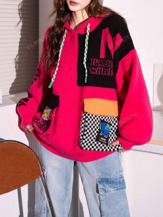 Women's Letter Pattern Drawstring Hooded Casual Knit Sweater For Autumn Winter