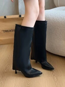 Women Black Pointed Toe Slim Heel Knee High Boot, 2024 Autumn Winter New Arrivals; Women White Slim Heel Over-The-Knee Tall Boots, European And American Style