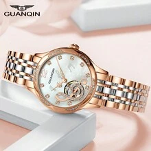 1 件 GUANQIN 防水手表，配备 Miyota 82S0 机芯，蓝宝石镜面，镂空镂空水钻表盘，耐磨不锈钢表带，时尚商务奢华优雅经典休闲自动上链女士自动机械表，适合节日、约会、商务、礼物 - 白色 - 查看 3