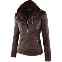 Newbestyle Faux Leather Jacket For Women Casual Moto Biker Jacket Quilted Full-Zip Coat Long Sleeve With Hoody - Cà phê nâu - Xem 2