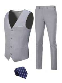 Furuyal Men's 3 PiecesSuit, Elegant Solid Color Slim Fit Gentleman's Set Including Vest, Trousers And Tie, Suitable For Business, Wedding, Party, Prom, Light Gray, Size XS-3XL - Màu Xám nhạt - Xem 3