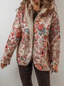 CILKOO 米色复古佩斯利花卉印花抓绒连帽衫