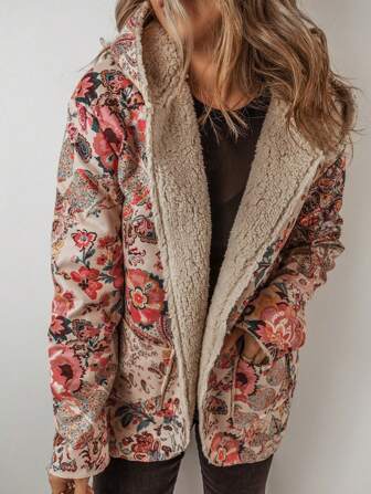CILKOO Beige Vintage Paisley Floral Printed Sherpa Lined Hooded Jacket