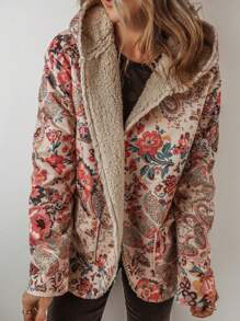 CILKOO 米色复古佩斯利花卉印花抓绒连帽衫