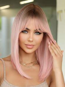 Peruca Bob de 14 Polegadas, Peruca de Cabelo com Gradiente Rosa para Mulheres, Cabelo Liso de Comprimento Médio com Franja, Fibra Sintética Adequada para Uso Diário, Festa, Festa, Férias, Natural, Elegante, Romântica, Sexy, Simples