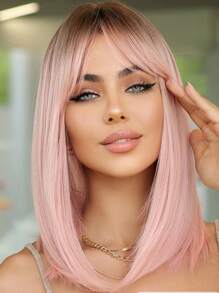 Peruca Bob de 14 Polegadas, Peruca de Cabelo com Gradiente Rosa para Mulheres, Cabelo Liso de Comprimento Médio com Franja, Fibra Sintética Adequada para Uso Diário, Festa, Festa, Férias, Natural, Elegante, Romântica, Sexy, Simples