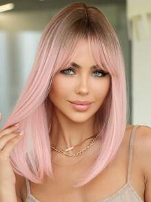 Peruca Bob de 14 Polegadas, Peruca de Cabelo com Gradiente Rosa para Mulheres, Cabelo Liso de Comprimento Médio com Franja, Fibra Sintética Adequada para Uso Diário, Festa, Festa, Férias, Natural, Elegante, Romântica, Sexy, Simples