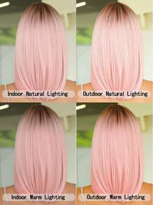 Peruca Bob de 14 Polegadas, Peruca de Cabelo com Gradiente Rosa para Mulheres, Cabelo Liso de Comprimento Médio com Franja, Fibra Sintética Adequada para Uso Diário, Festa, Festa, Férias, Natural, Elegante, Romântica, Sexy, Simples