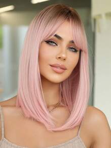 Peruca Bob de 14 Polegadas, Peruca de Cabelo com Gradiente Rosa para Mulheres, Cabelo Liso de Comprimento Médio com Franja, Fibra Sintética Adequada para Uso Diário, Festa, Festa, Férias, Natural, Elegante, Romântica, Sexy, Simples