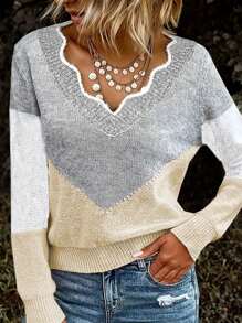 大码女式 V 领钩针编织长袖纯色套头毛衣，休闲日常和周末穿着，春季 - 杏+白+灰 - 查看 1