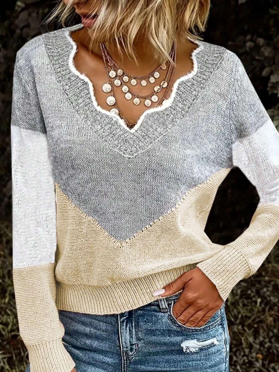 大码女式 V 领钩针编织长袖纯色套头毛衣，休闲日常和周末穿着，春季 - 杏+白+灰 - 查看 1