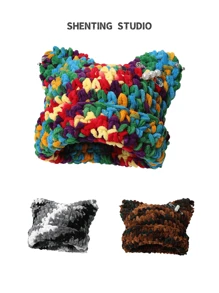 1 件女士手工编织猫耳帽，厚实温暖的双色针织帽，配有可拆卸珍珠和水钻胸针装饰，时尚百搭冬帽万圣节