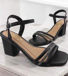 Women's Sandals, Elegant Block Heel, Medium, Shiny, Buckle Closure, Colors: Black, , Nude, Blue - 黑色 - 查看 3
