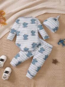 3 stuks/set babyjongens schattige olifant bedrukte romper met lange mouwen + vaste trekkoordbroek + hoed, casual en comfortabel