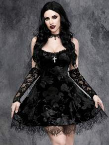 Women Gothic Ssexy Mini Halloween Lace Patchwork Cross  Velvet Dress - Black - View 3