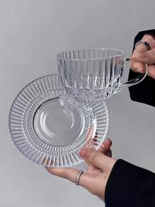 1pc Vintage Striped Glass Cup & Saucer Set, Transparent Teacup Milk Cup Dish For French Afternoon Tea Back To School - Clear - View 4