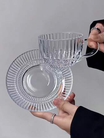 1 件复古条纹玻璃杯碟套装，透明茶杯牛奶杯碟，适合法式下午茶返校