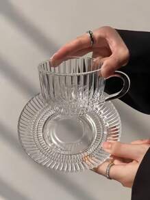 1pc Vintage Striped Glass Cup & Saucer Set, Transparent Teacup Milk Cup Dish For French Afternoon Tea Back To School - Clear - View 5