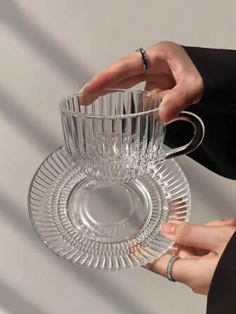 1 件复古条纹玻璃杯碟套装，透明茶杯牛奶杯碟，适合法式下午茶返校