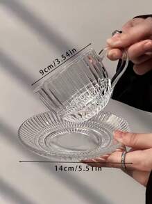 1pc Vintage Striped Glass Cup & Saucer Set, Transparent Teacup Milk Cup Dish For French Afternoon Tea Back To School - Clear - View 2
