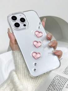 Valentines 1pc Textured Transparent Pink Heart Shaped Resin 2-In-1 Glitter Phone Case Compatible With Iphone 11 12 13 14 15 Pro Max