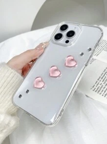 Valentines 1pc Textured Transparent Pink Heart Shaped Resin 2-In-1 Glitter Phone Case Compatible With Iphone 11 12 13 14 15 Pro Max