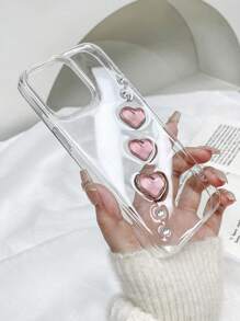 Valentines 1pc Textured Transparent Pink Heart Shaped Resin 2-In-1 Glitter Phone Case Compatible With Iphone 11 12 13 14 15 Pro Max