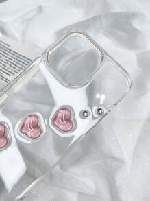 Valentines 1pc Textured Transparent Pink Heart Shaped Resin 2-In-1 Glitter Phone Case Compatible With Iphone 11 12 13 14 15 Pro Max