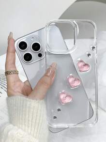 Valentines 1pc Textured Transparent Pink Heart Shaped Resin 2-In-1 Glitter Phone Case Compatible With Iphone 11 12 13 14 15 Pro Max