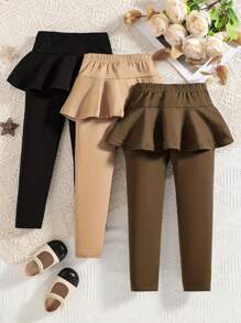 3pcs Girls Casual Pants Set, Spring & Autumn Daily Wear; Girls' Solid Color Skirt Hem Spring Pants, Childrenswear; Young Girl Dance Room Solid Color Slim Fit Fleece Pants, Comfortable Soft Simple Daily Wear Childrenswear, Autumn - Nhiều màu - Xem 2