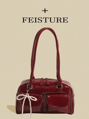 1pc FEISTURE Solid Color PU Multi-Pocket Bowling Bag, Crossbody/Underarm Women's Bag (With Faux Pearl Charm), Suitable For Shopping, Dating, Women's Gift, Fit For Teenage Girls, College Students, Beginners And Office Workers, Ideal For Office, College, Work, Commuting, Perfect Valentine's Day Gift For Her, Best Valentine's Gift Choice Ever Valentines, Fashionable Bow Purse For Women, Street & Japanese Bag For Women , Y2k