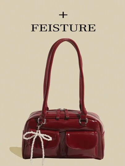 1個 FEISTURE 無地 PU マルチポケット ボーリングバッグ、斜めがけ/脇下 レディースバッグ(フェイクパールチャーム付) ショッピング、デート、女性へのギフトに最適、ティーンエイジャー、大学生、初心者、オフィスワーカーにも、オフィス、大学、仕事、通勤に最適、彼女への完璧なバレンタインデーのギフト、最高のバレンタインギフトの選択