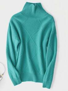 大码女式纯色高领长袖套头毛衣，秋冬款 - 藍色 - 查看 3