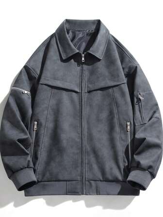 男士纯色前拉链长袖口袋简约休闲夹克