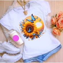 Women's T-Shirt, Short Sleeve Blouse, Basic Print, Sizes S To GG - 向日葵日落 - 查看 4