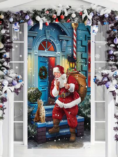 1pc, Santa Claus Banner With Gift Giving Pattern, Seasonal Hanging Doorway Decor For Christmas & New Year Party (35 X 70 Inches)