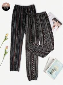 2 pièces Pantalon de pyjama à imprimé floral, avec taille élastique confortable pour les femmes, vêtements de nuit et d'intérieur