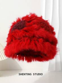 1 pieza Sombrero de cubo de piel de conejo sintética de moda tejido para mujer, gorro de orejeras de peluche cálido y versátil para otoño e invierno - Sombrero tejido - Ver 11