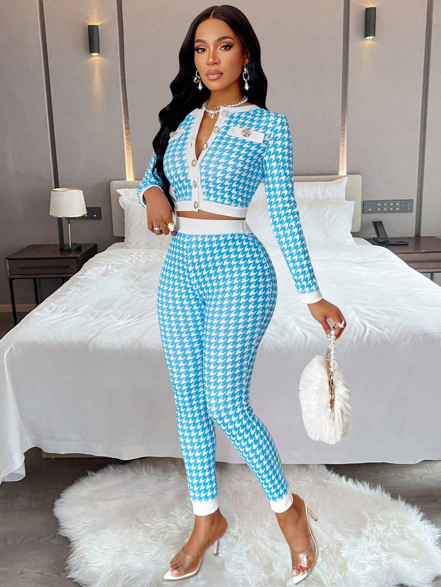 AIJ Amarilo 女士性感千鸟格印花纽扣前短款夹克和紧身裤两件套（随机印花）