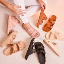 Birken Slide Two Buckles Injected Women's Flat Sandals - Camel - View 2