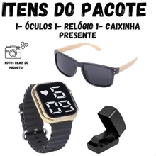 Relógio Led Digital Quadrado Homens Masculino Infantil Criança Menino + Óculos De Madeira Proteção UV400 Pronta Entrega + Brinde - Preto - Visão 2