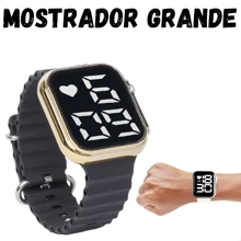 Relógio Led Digital Quadrado Homens Masculino Infantil Criança Menino + Óculos De Madeira Proteção UV400 Pronta Entrega + Brinde - Preto - Visão 3